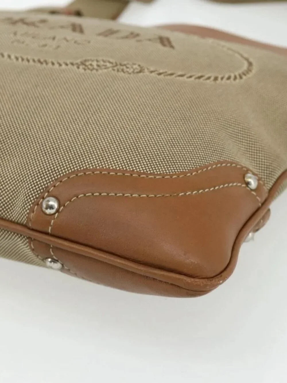 PRADA Shoulder Bag Canvas Beige Silver Auth ka3997